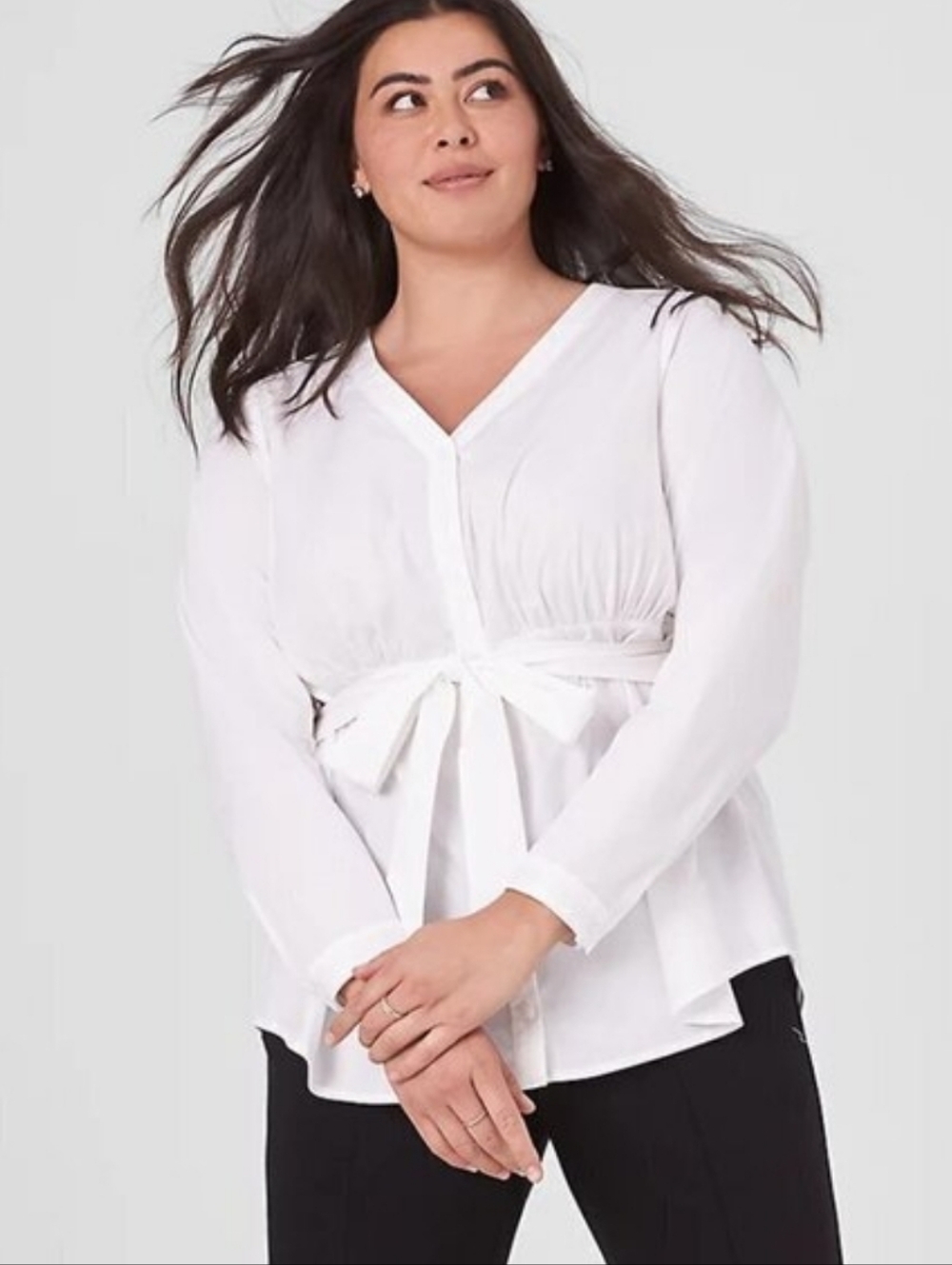 Lane Bryant Classic Long-Sleeve V-Neck Button-Down Belted Shirt